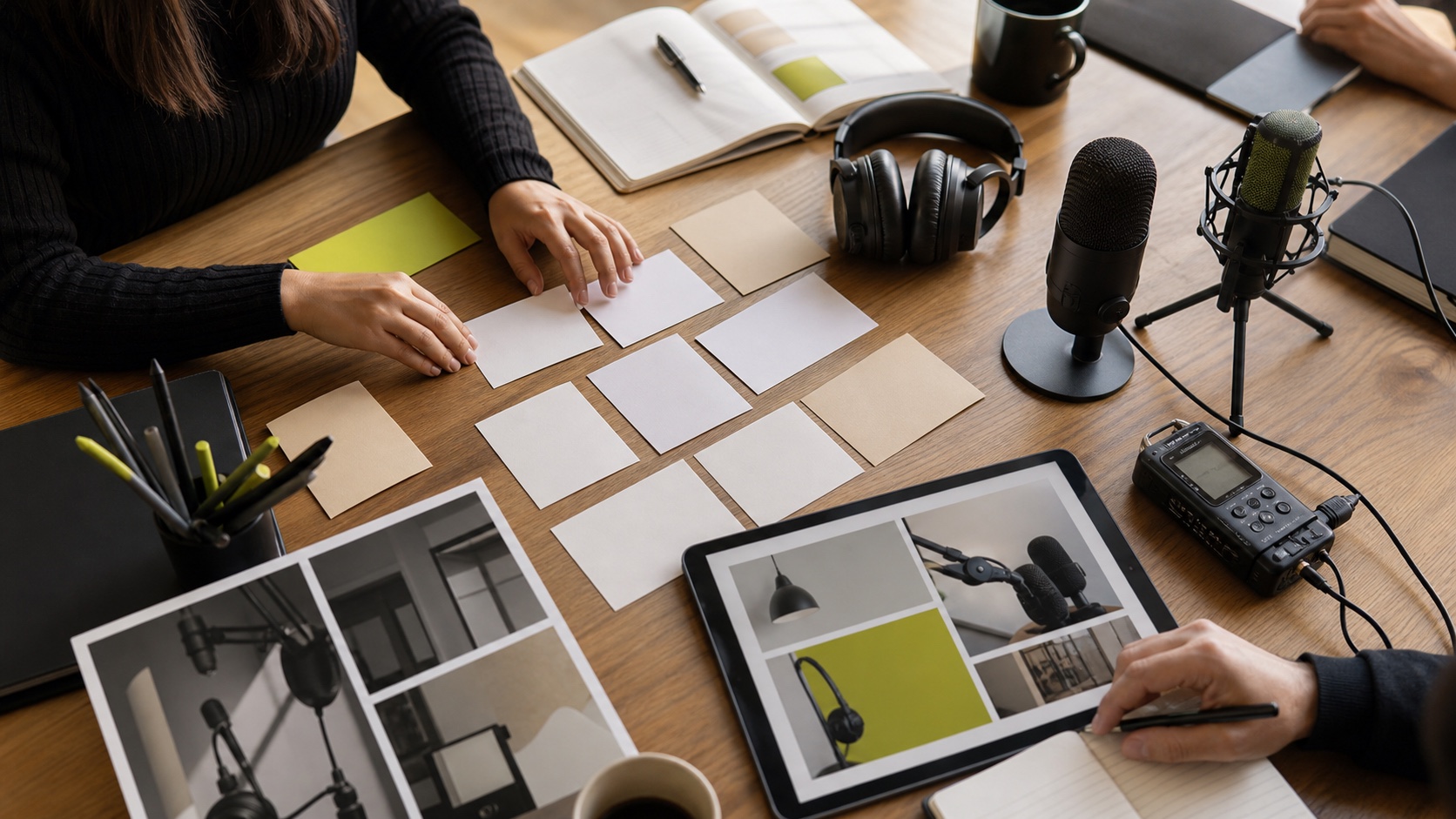 Equipa a planear formatos de podcast com microfones, auscultadores e cartões editoriais