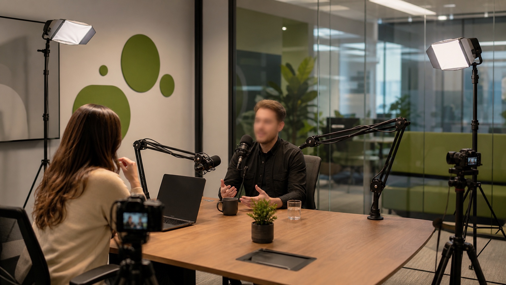 Sala de reuniões transformada temporariamente num podcast em vídeo