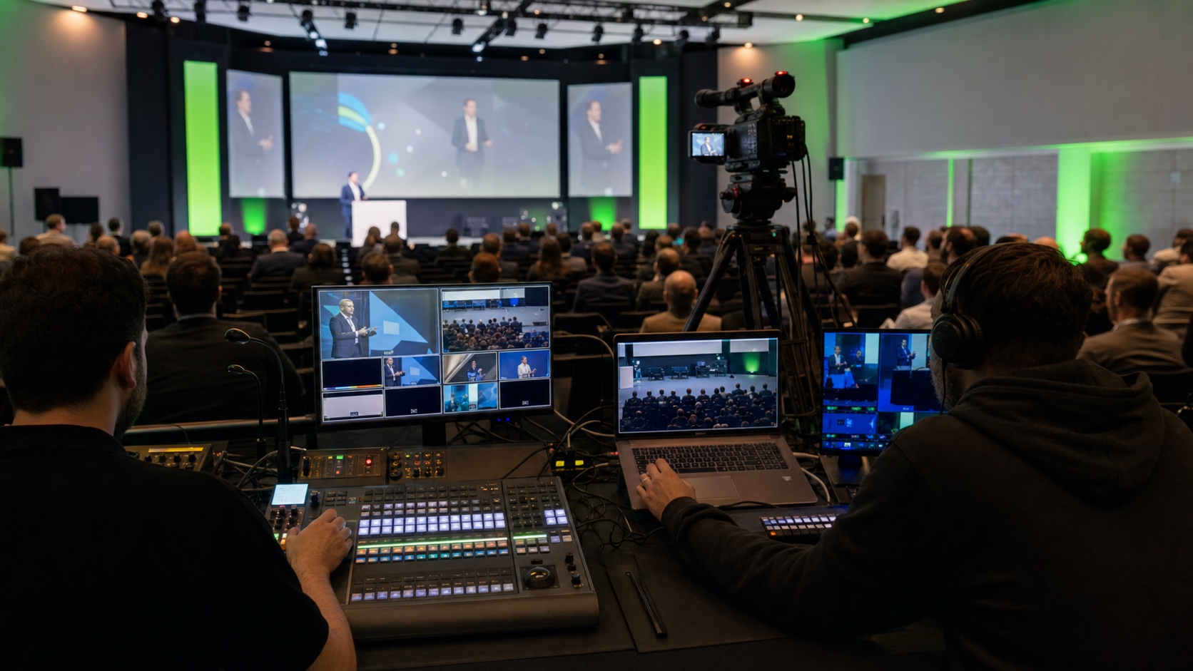 Régie e equipa técnica a realizar o streaming de uma conferência empresarial