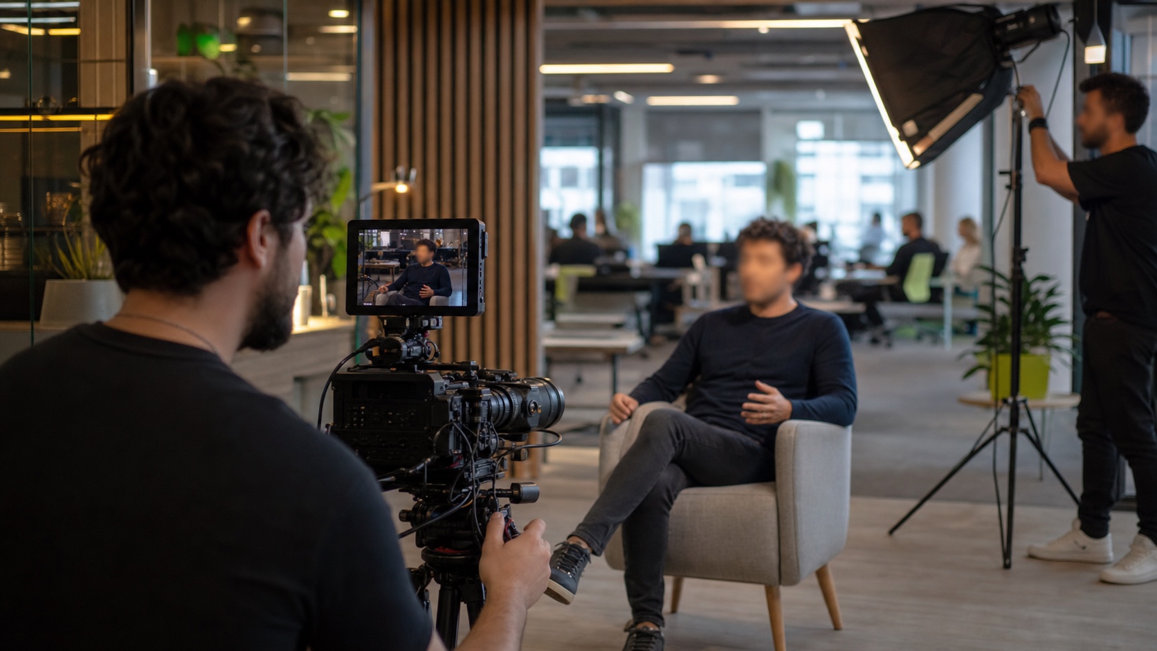 Equipa audiovisual a produzir uma entrevista numa empresa