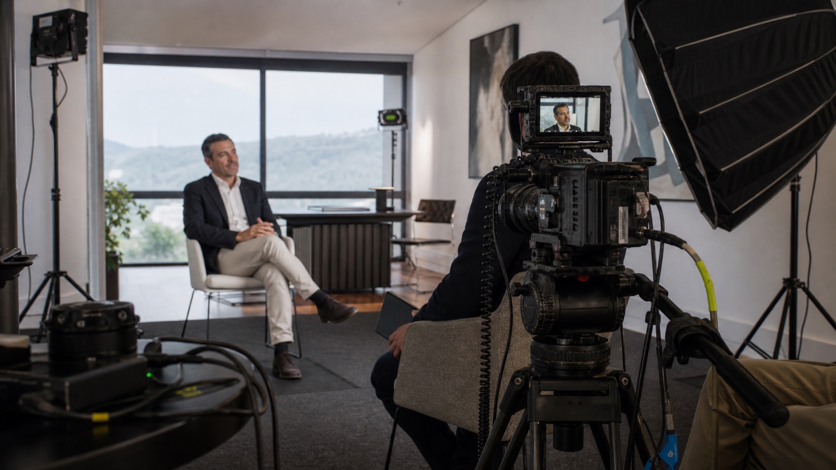 Câmara e iluminação preparadas para uma entrevista empresarial