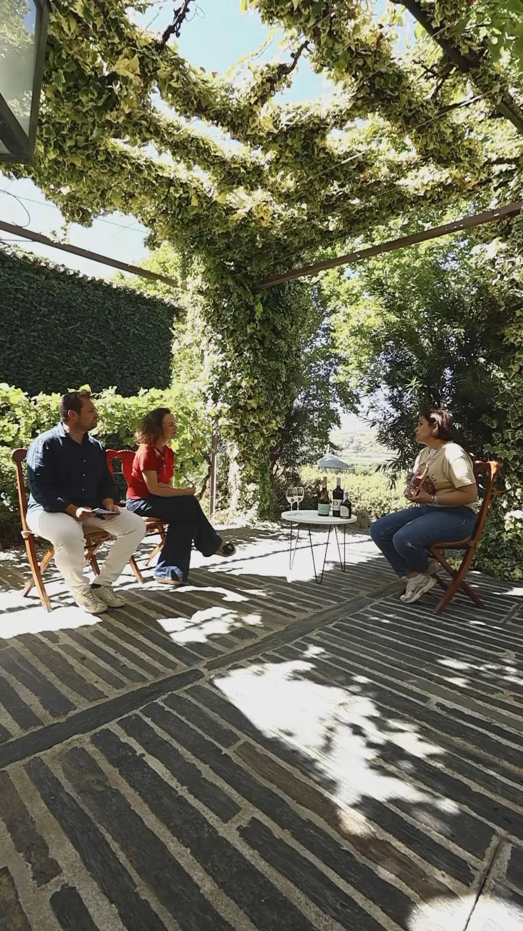 Plano geral de uma conversa no exterior da quinta, à sombra das árvores
